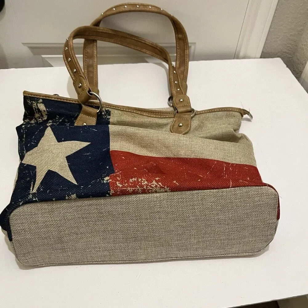 Montana West Texas Pride Painted Tote Bag Tan Studded Double Handles Western